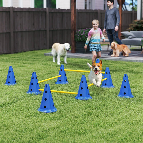 Dog Agility Hurdle Cone Set, Adjustable Obstacle Course, 8 Cones & 8 Poles, Blue