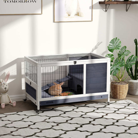 Wooden Indoor Rabbit Hutch Elevated Cage Habitat with Enclosed Run with Wheels, Ideal for Rabbits and Guinea Pigs, White - Gallery Canada
