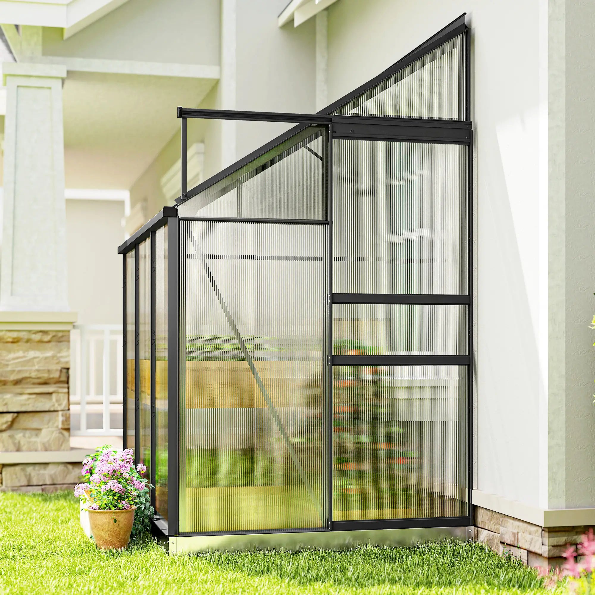 Aluminum Lean-To Greenhouse, Polycarbonate Walk-In, 6' x 4', Dark Grey Walk In Greenhouses at Gallery Canada