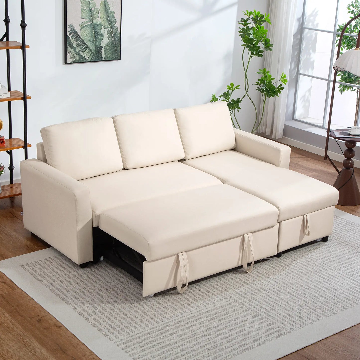 83" Sofa Bed, L Shaped Sectional Couch with Storage Chaise, Cream White