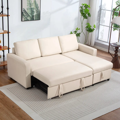 83" Sofa Bed, L Shaped Sectional Couch with Storage Chaise, Cream White