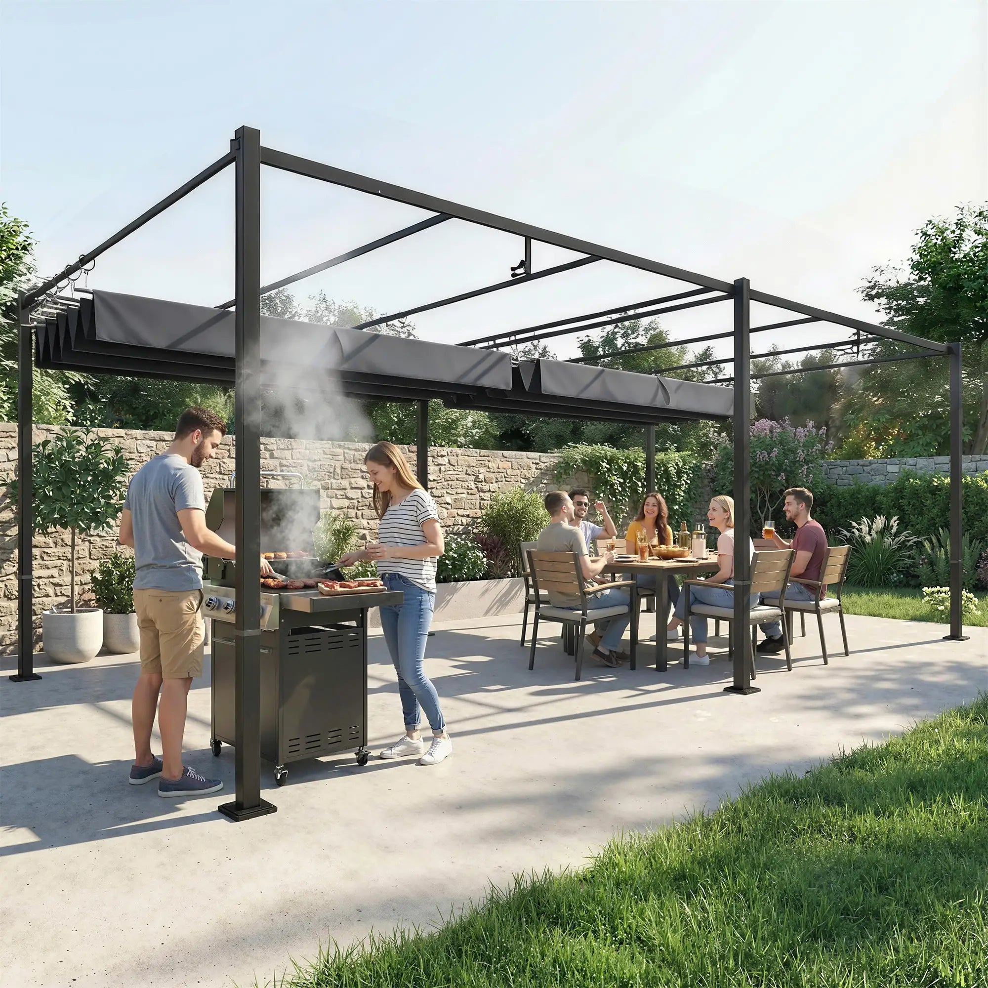 19' x 10' Dark Grey Pergola, Retractable Canopy, UV50+ Sun Shade, Dark Grey Pergolas at Gallery Canada