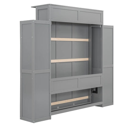 Murphy Bed with Shelves, LED Lights, Space-Saving Wall Bed, 91" L x 81" W x 84" H, Grey Bed Frames at Gallery Canada