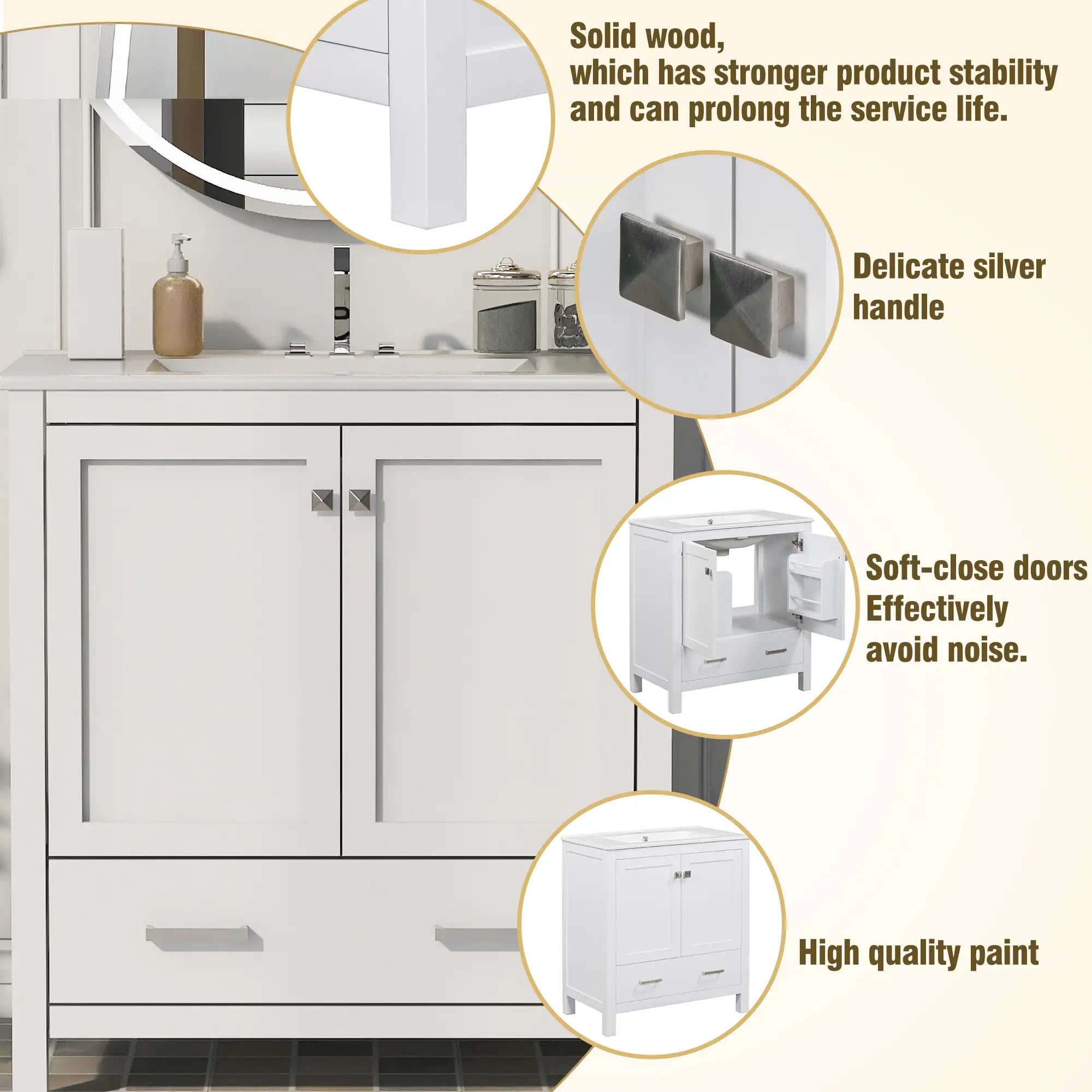 Single Sink Bathroom Vanity, Solid Wood, Soft-Close Doors, 30
