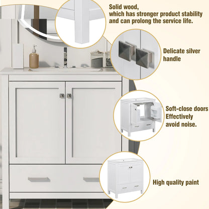 Single Sink Bathroom Vanity, Solid Wood, Soft-Close Doors, 30" L x 18.5" W x 34" H, White Sink Cabinets at Gallery Canada