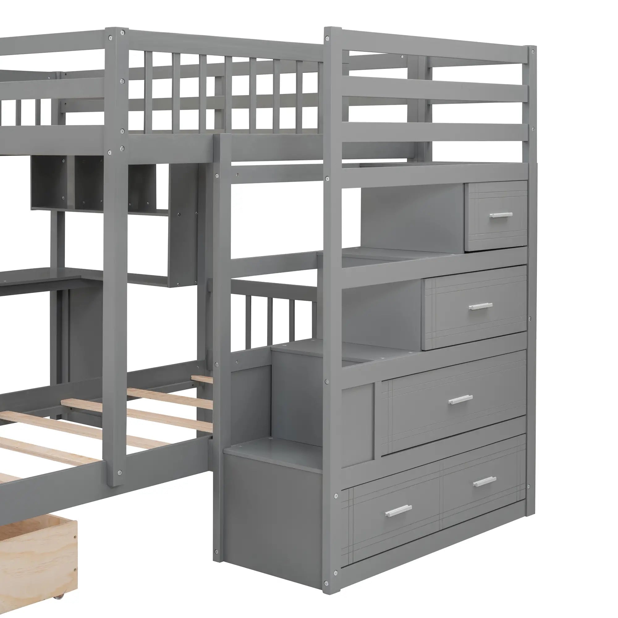 Over Twin Bunk Bed with Study Desk, Drawers, Shelves, 98