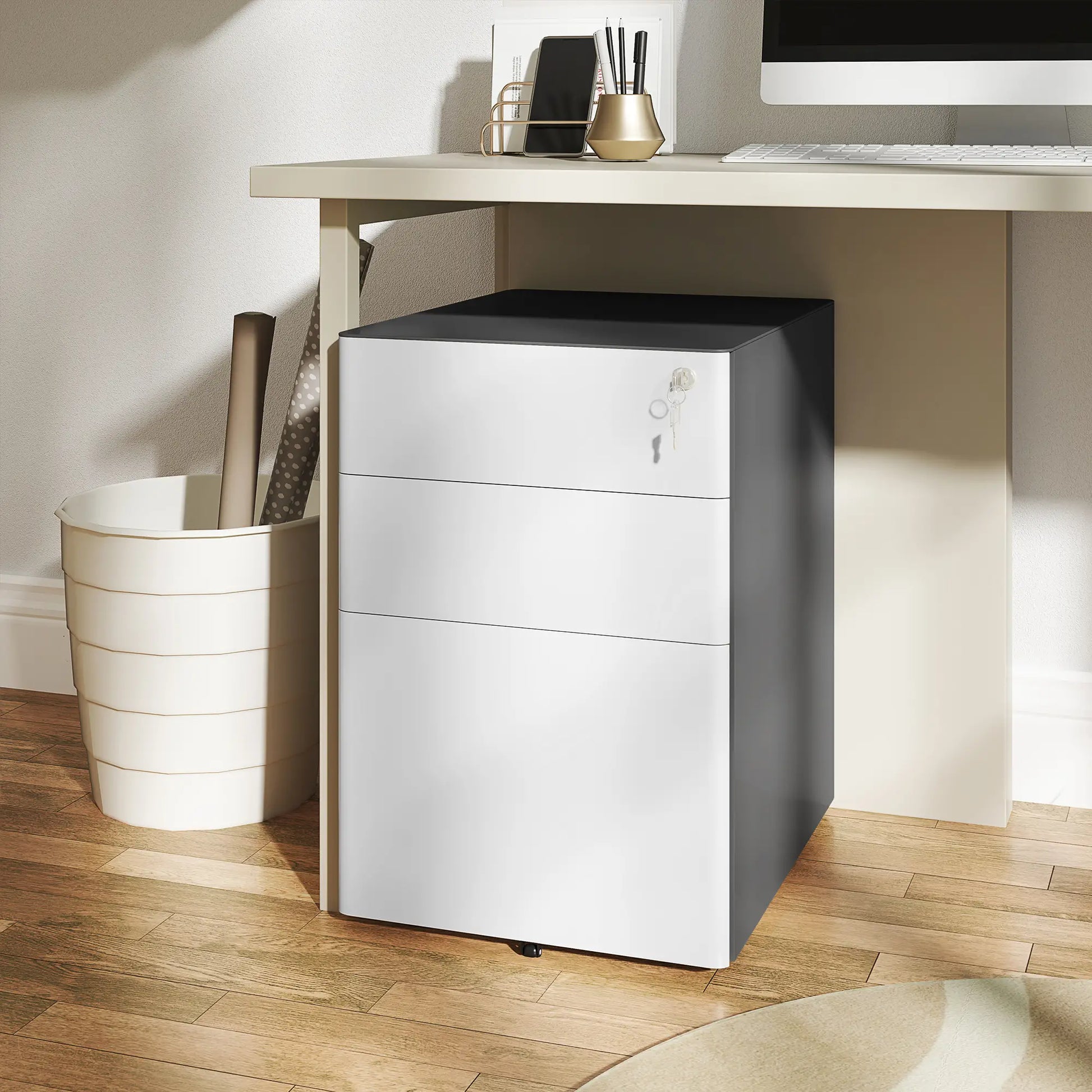 3 Drawer Filing Cabinet, Home Office Storage with Wheels, Lock, Grey and White Office Cabinets & Cupboards at Gallery Canada