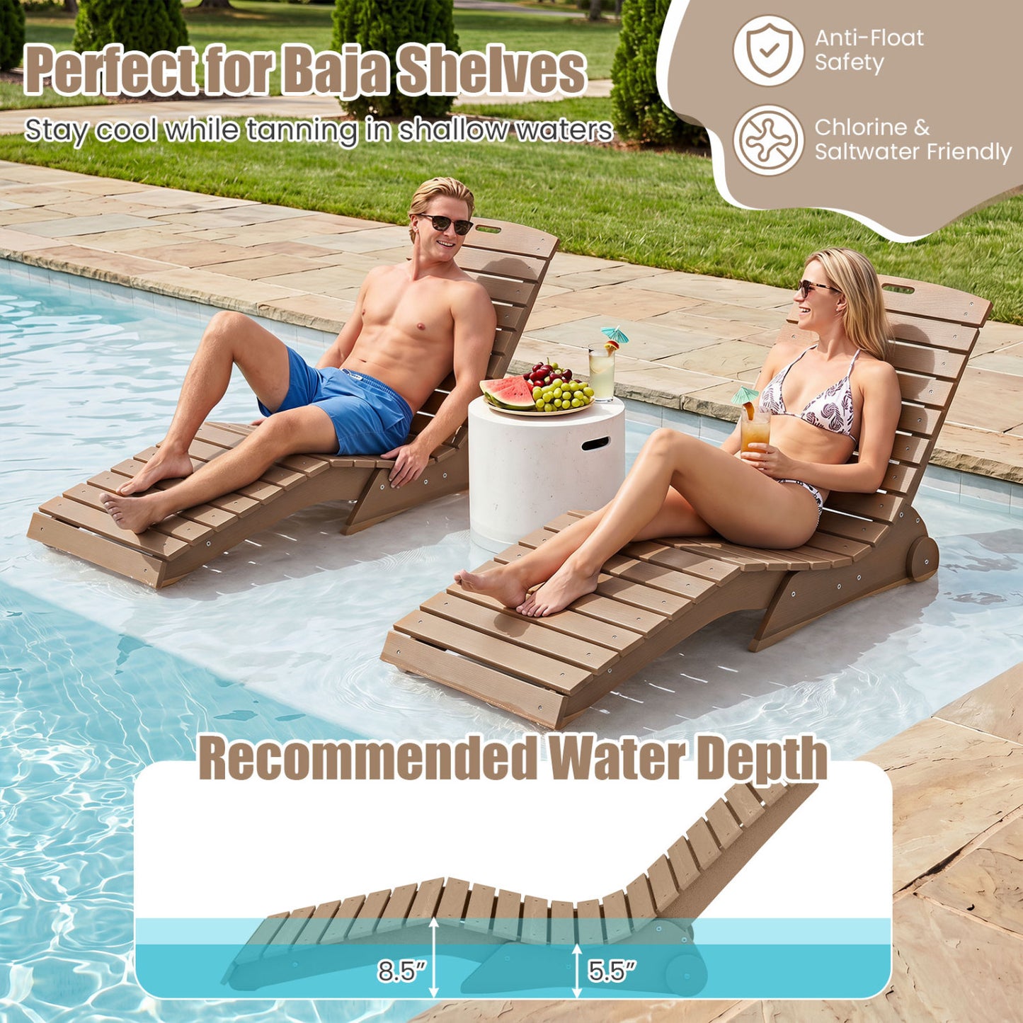 In-Pool Lounge Chair, Weighted Anti-Floating, 450 LBS, Brown