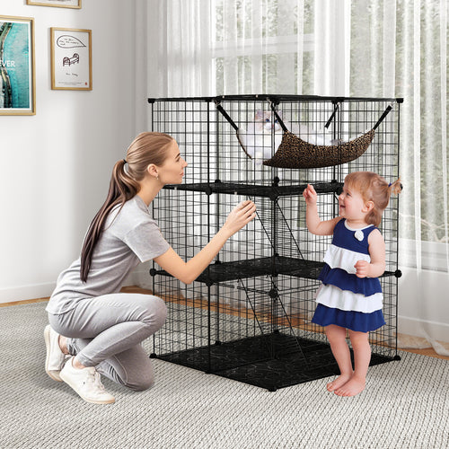 Indoor Cat Cage 3-Tier Cat Enclosure Detachable Metal Wire Kennel, Black