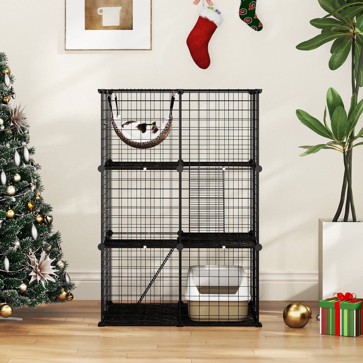 Indoor Cat Cage 3-Tier Cat Enclosure Detachable Metal Wire Kennel, Black Cat Trees Condos & Scratchers at Gallery Canada