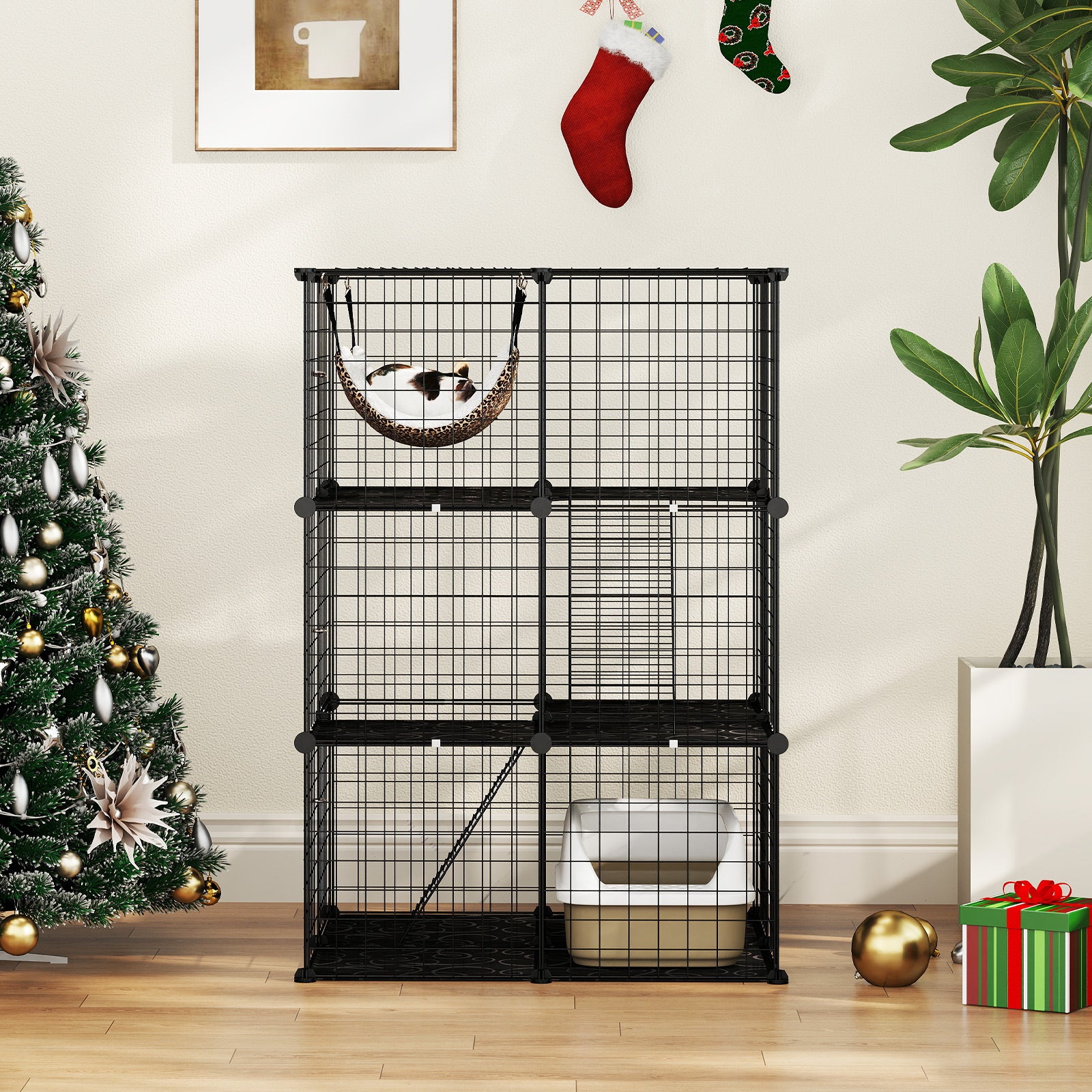 Indoor Cat Cage 3-Tier Cat Enclosure Detachable Metal Wire Kennel, Black Cat Trees Condos & Scratchers at Gallery Canada