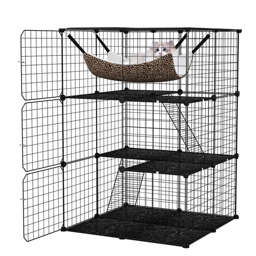 Indoor Cat Cage, 3-Tier Detachable Metal Wire Kennel, Black
