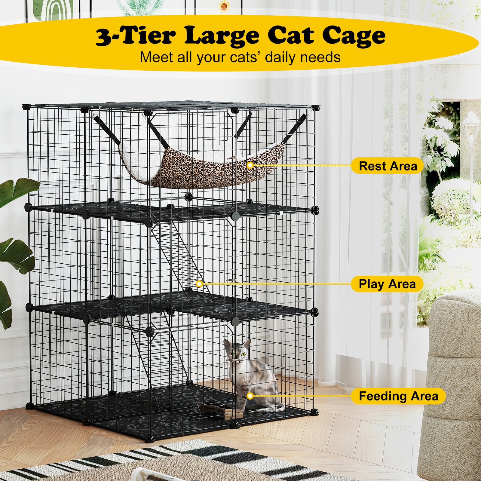 Indoor Cat Cage 3-Tier Cat Enclosure Detachable Metal Wire Kennel, Black Cat Trees Condos & Scratchers at Gallery Canada