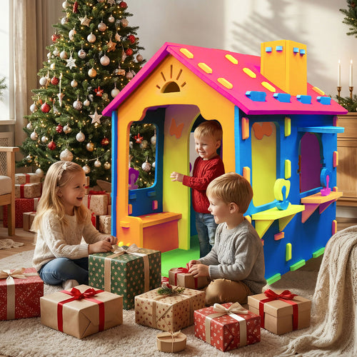 Indoor Cottage Playset with Roof and Chimney for Creative Play-CS, Multicolor