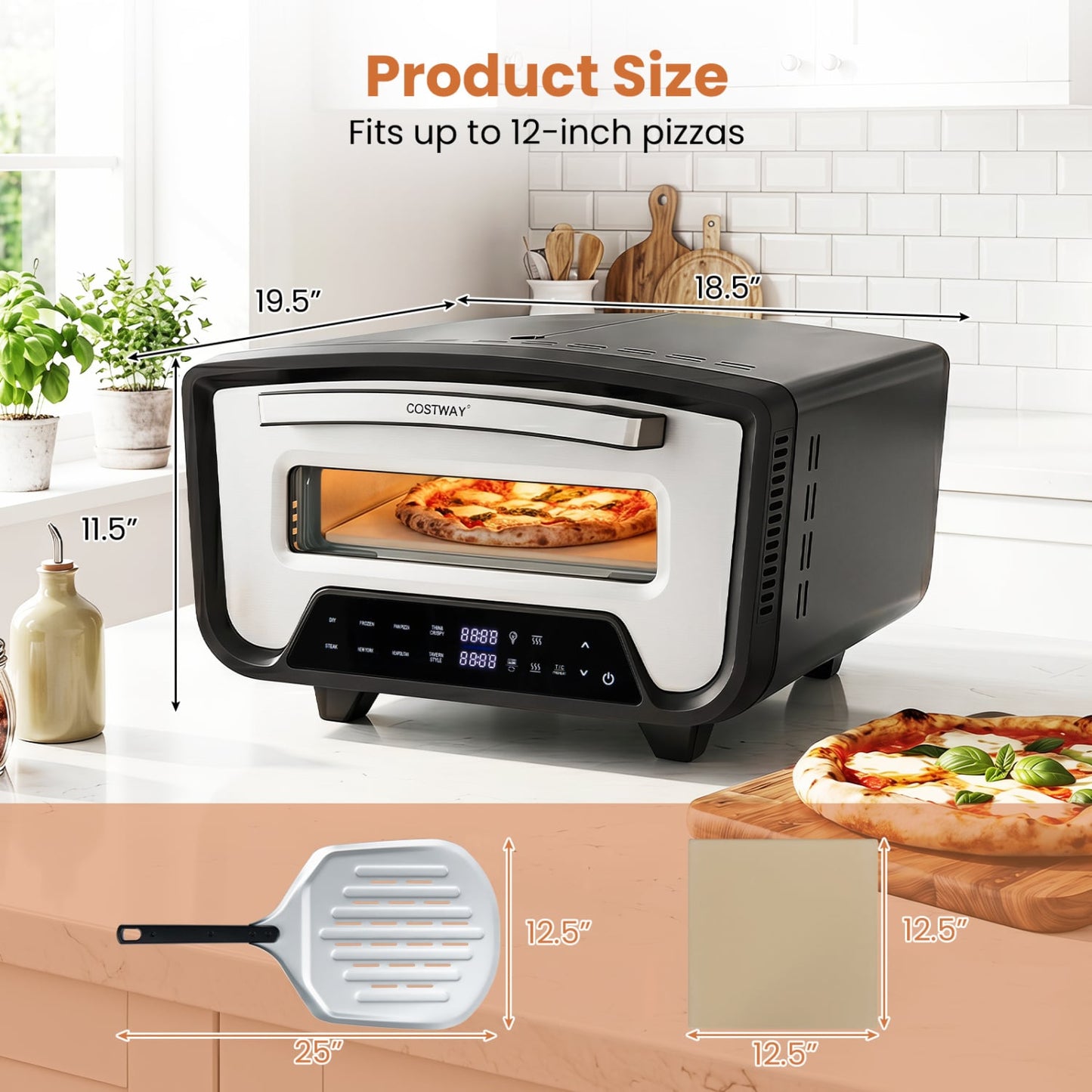 Indoor Electric Pizza Oven, 12", 8 Presets, Black