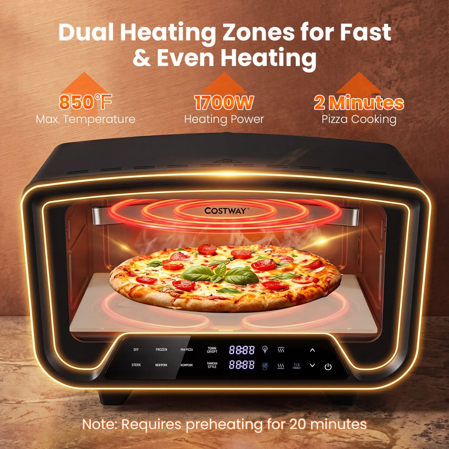 Indoor Electric Pizza Oven, 12", 8 Presets, Black