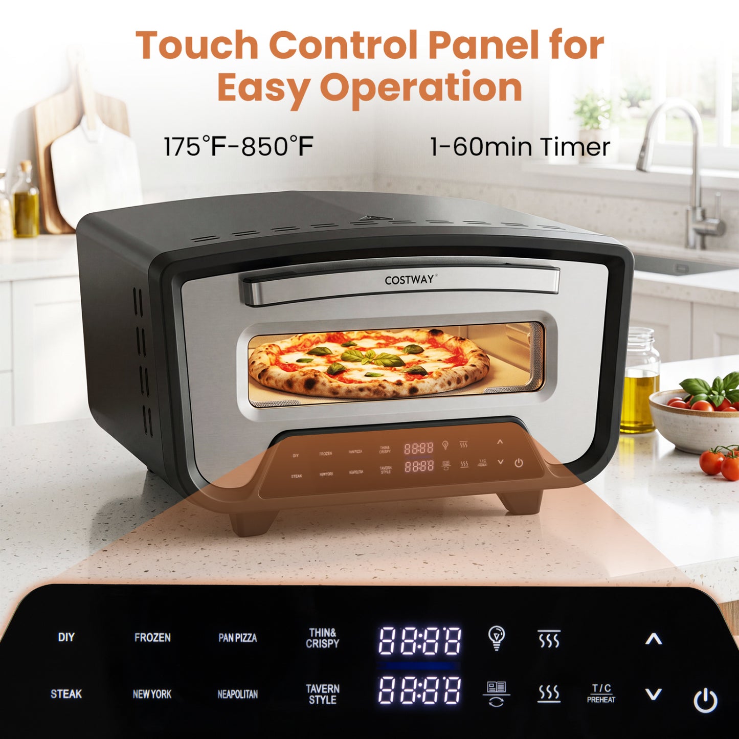 Indoor Electric Pizza Oven, 12", 8 Presets, Black