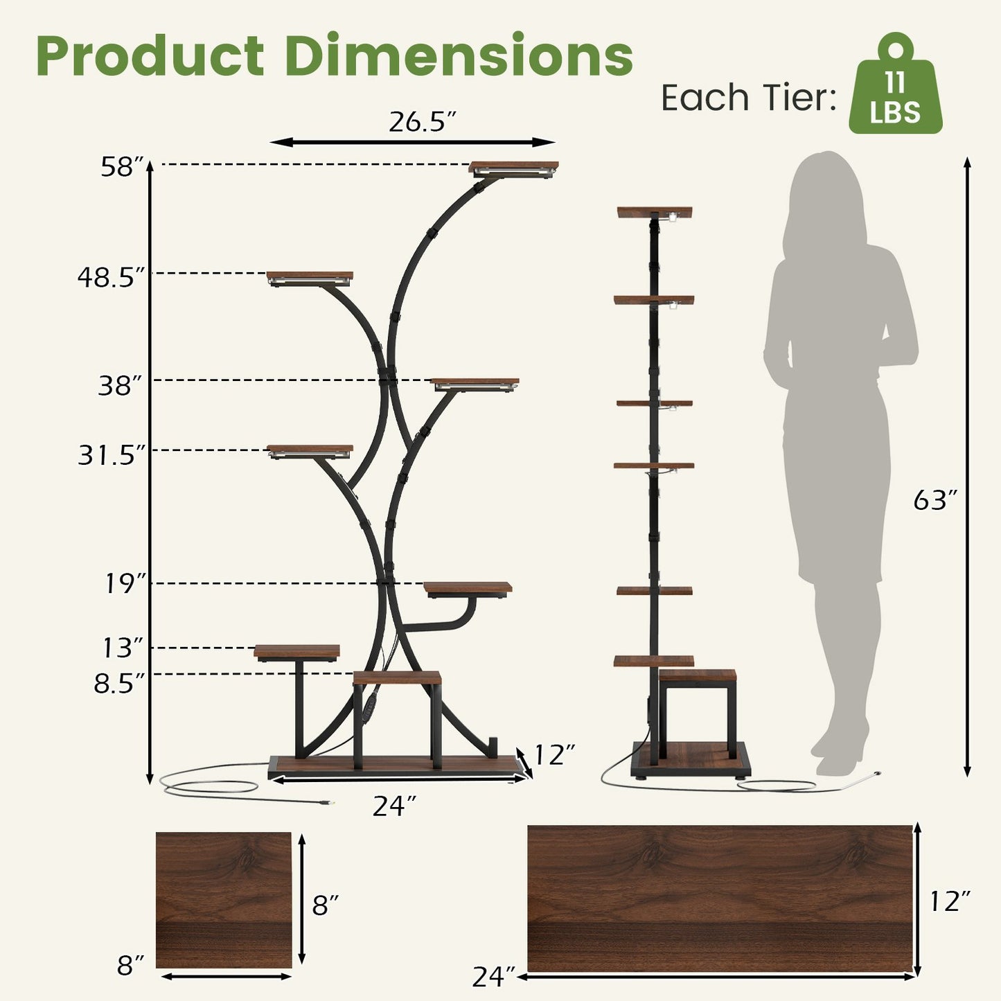 Indoor Plant Stand with Grow Lights 58" Tall 8-Tier Corner Metal Plant Shelf-Set of 1, Brown Plant Stands at Gallery Canada