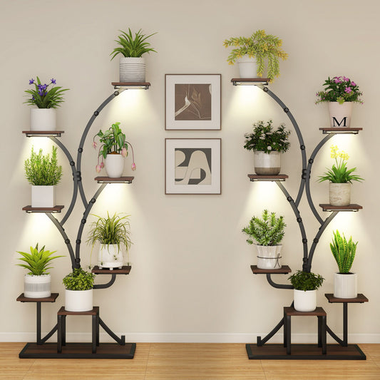 Indoor Plant Stand with Grow Lights 58" Tall 8-Tier Corner Metal Plant Shelf-Set of 2, Brown Plant Stands Brown at Gallery Canada