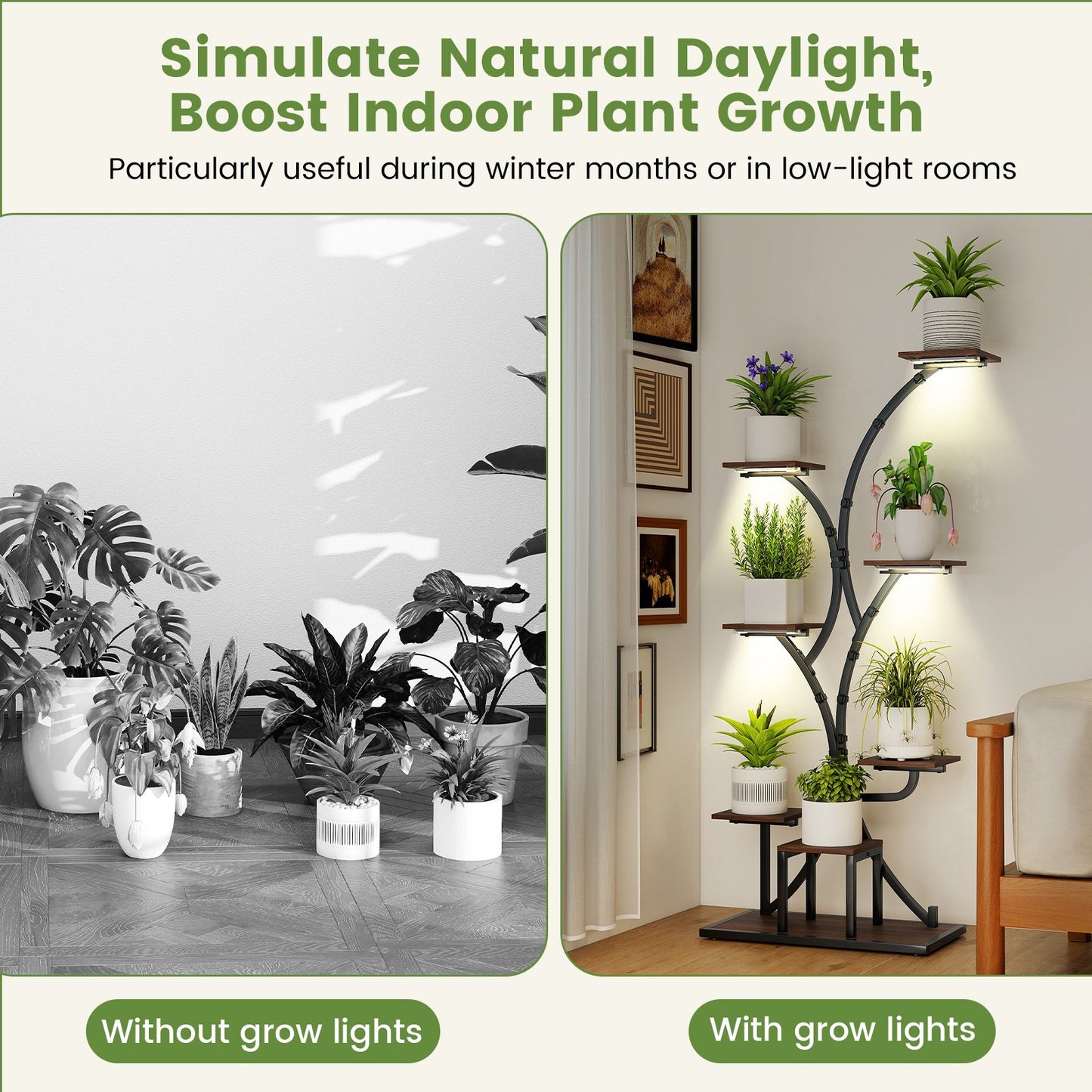 Indoor Plant Stand with Grow Lights 58" Tall 8-Tier Corner Metal Plant Shelf-Set of 2, Brown Plant Stands at Gallery Canada