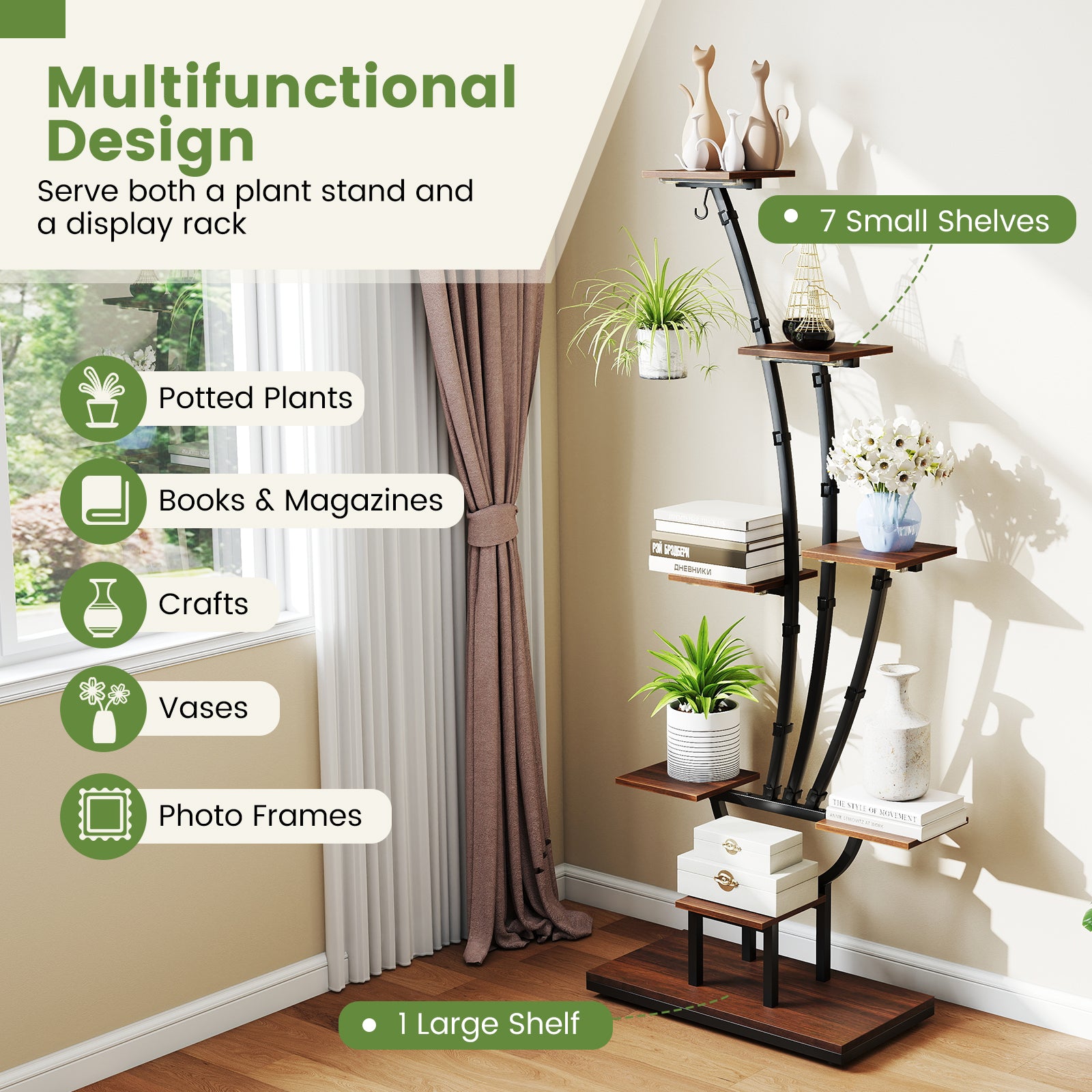 Indoor Plant Stand with Grow Lights Tall 8-Tier Corner Metal Plant Shelf-1 Piece, Brown Plant Stands at Gallery Canada