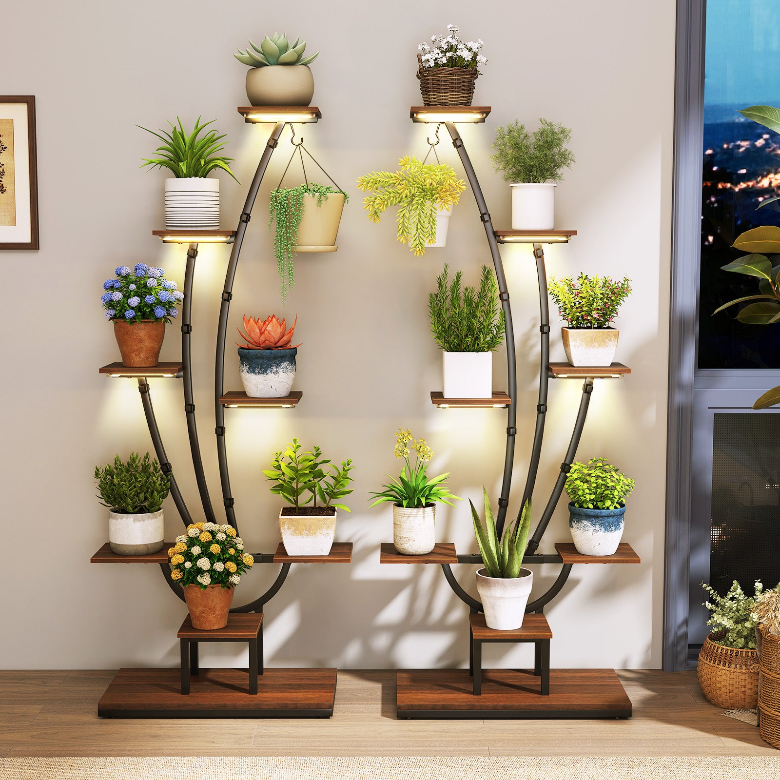 Indoor Plant Stand with Grow Lights Tall 8-Tier Corner Metal Plant Shelf-Set of 2, Brown Plant Stands at Gallery Canada