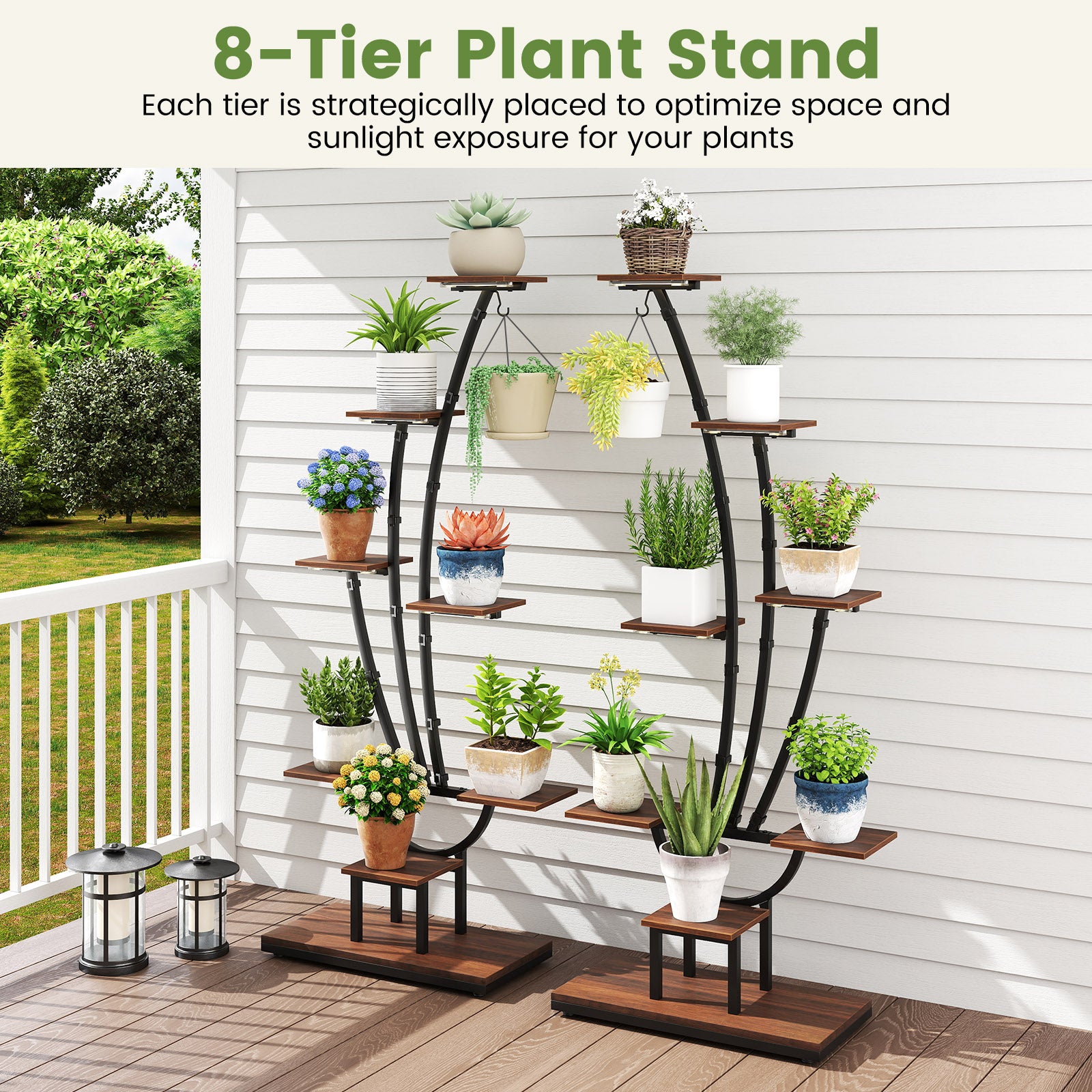 Indoor Plant Stand with Grow Lights Tall 8-Tier Corner Metal Plant Shelf-Set of 2, Brown Plant Stands at Gallery Canada