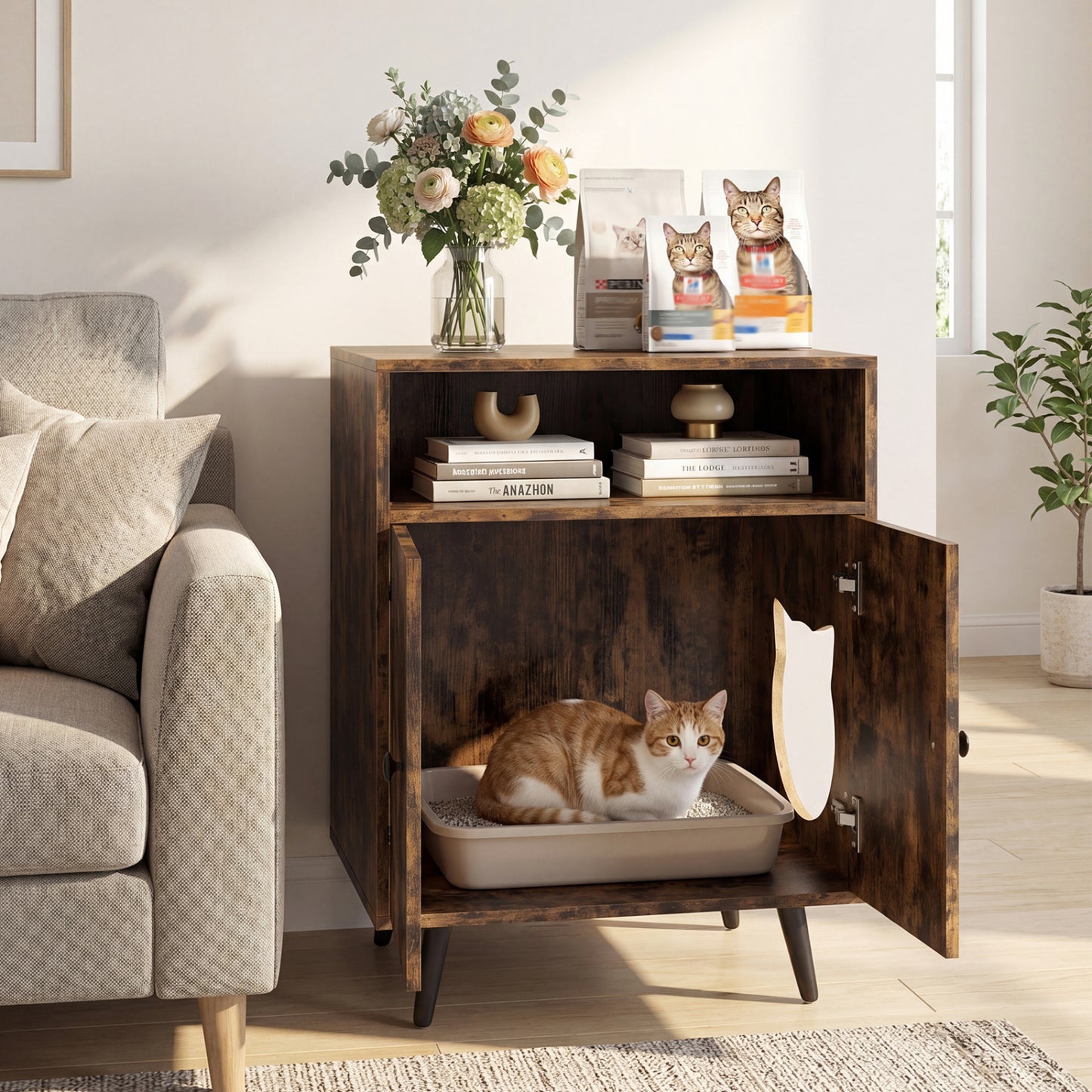 Industrial Cat Litter Box Enclosure with Entry and Open Compartment, Brown