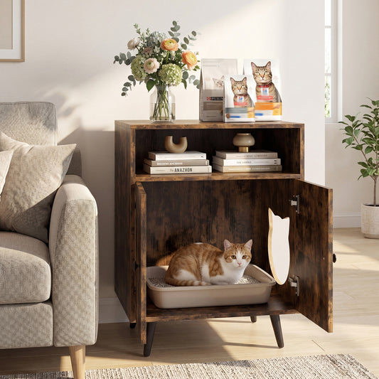 Industrial Cat Litter Box Enclosure with Entry and Open Compartment, Brown