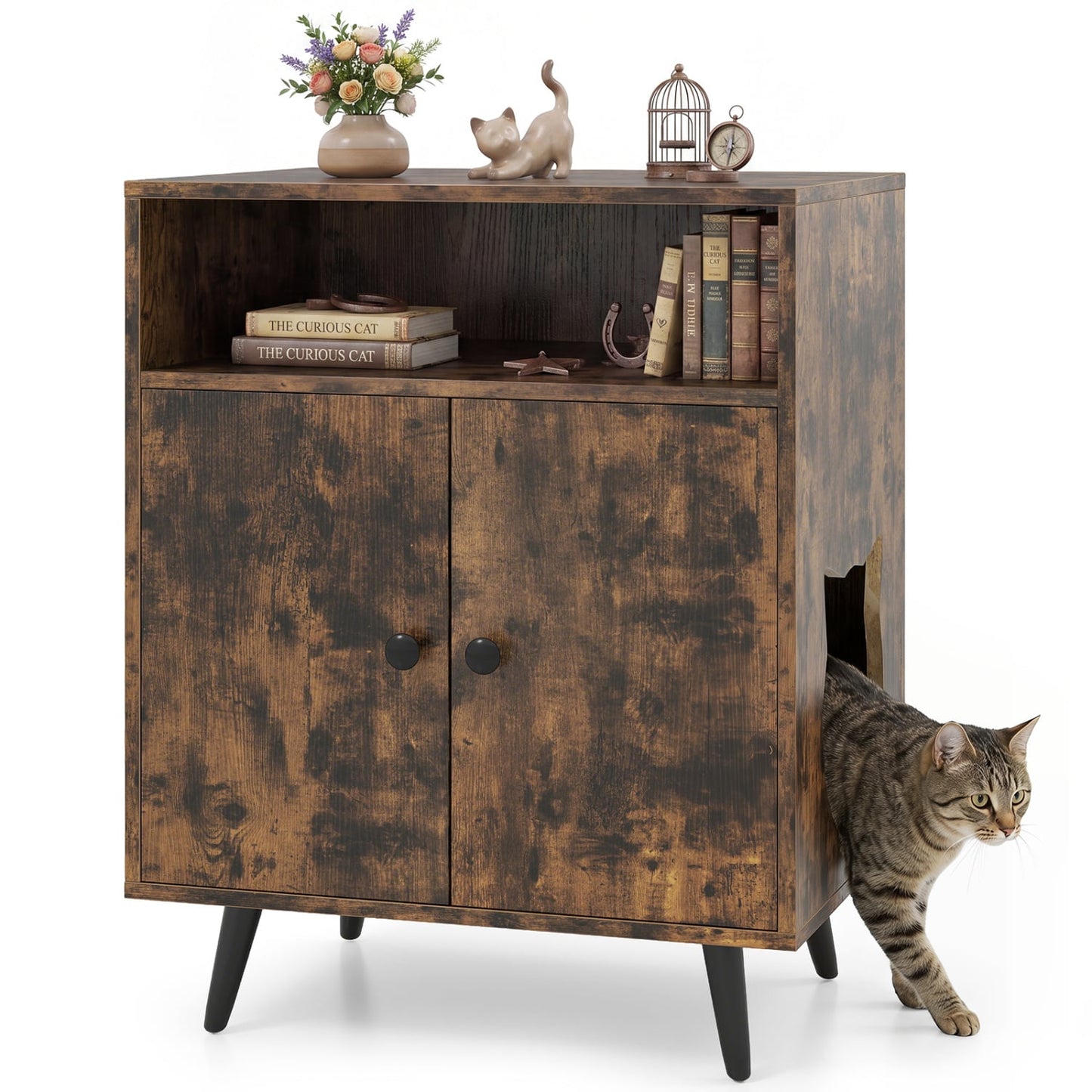 Industrial Cat Litter Box Enclosure with Entry and Open Compartment, Brown