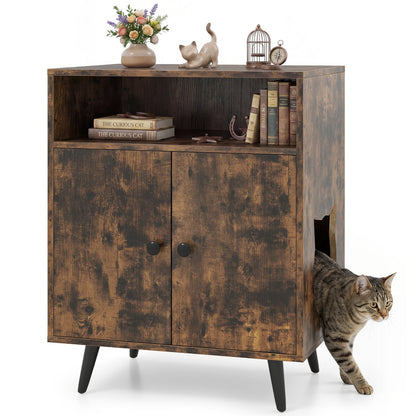 Industrial Cat Litter Box Enclosure with Entry and Open Compartment, Brown