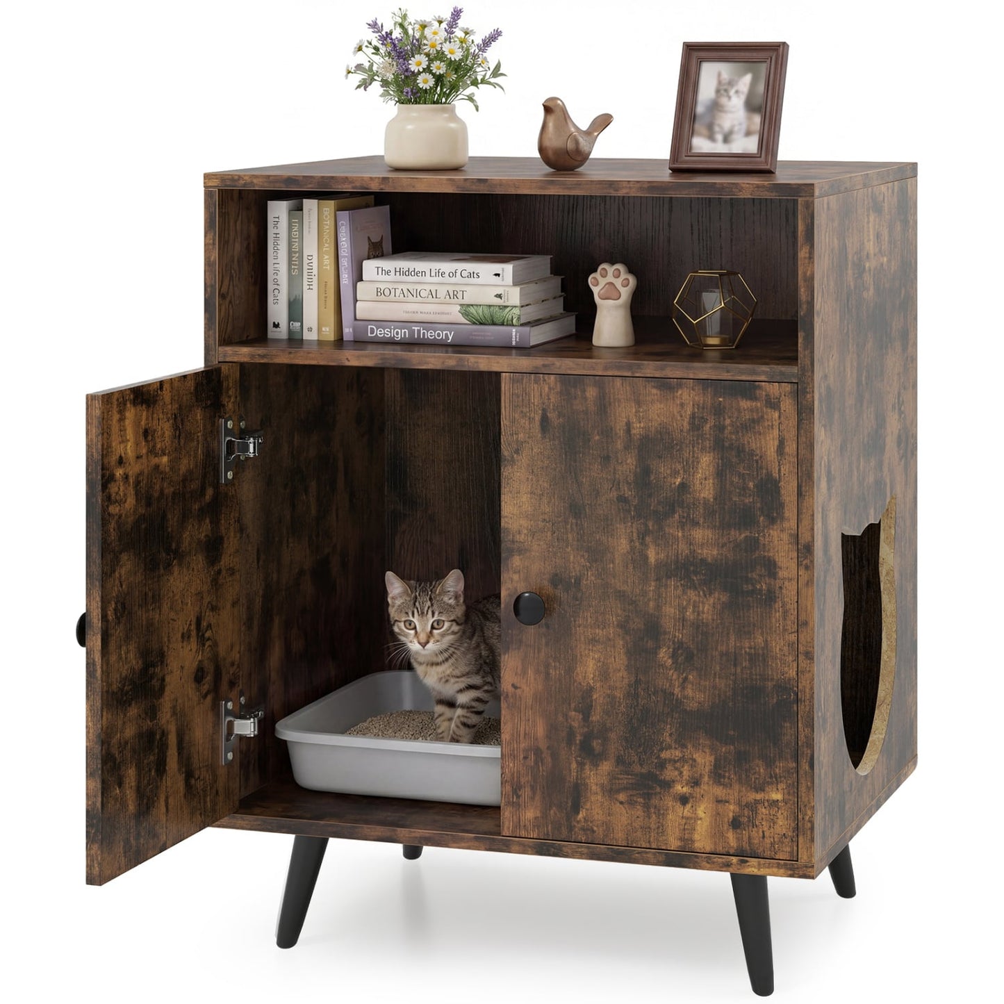 Industrial Cat Litter Box Enclosure with Entry and Open Compartment, Brown
