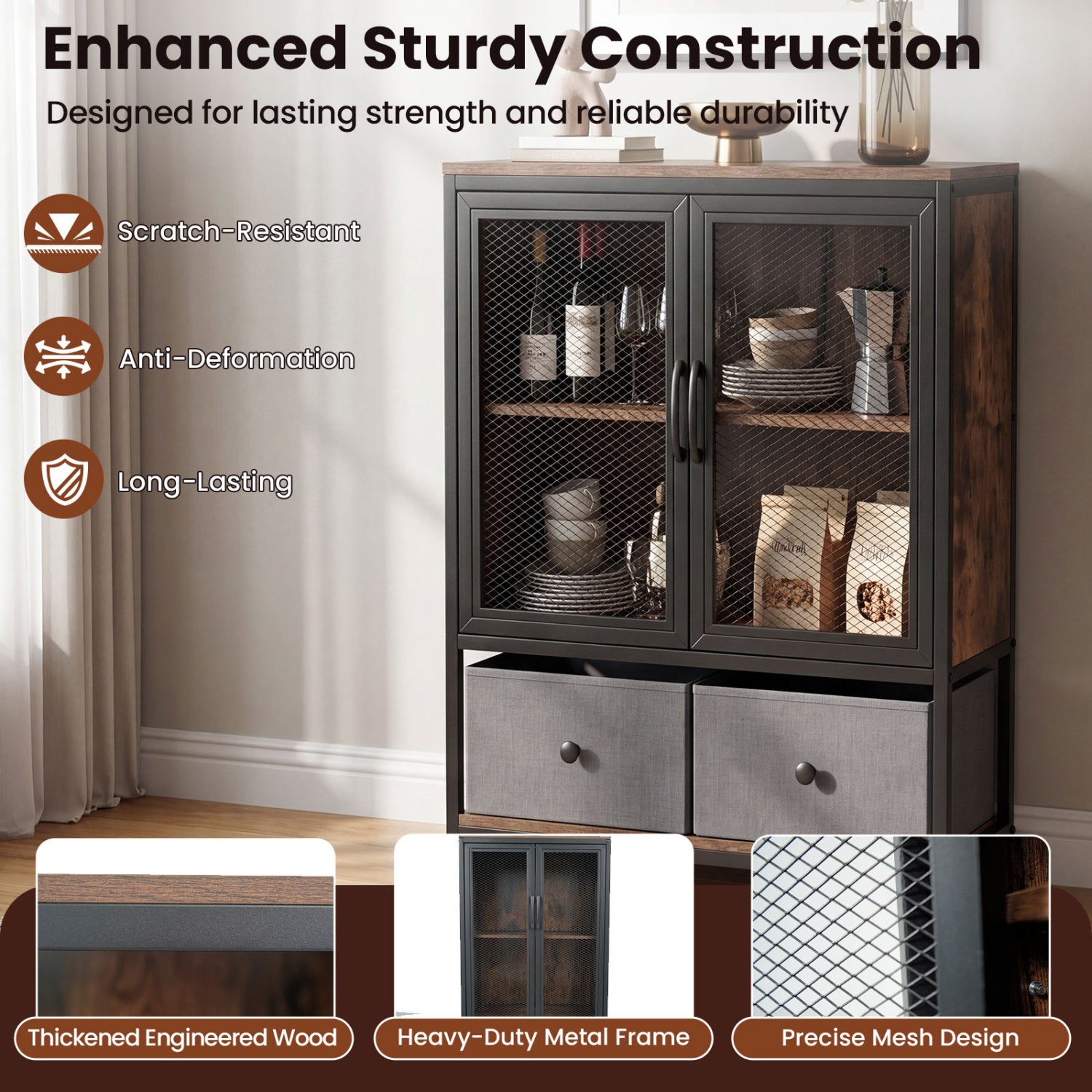Industrial Coffee Bar Cabinet, 2-Tier Storage, Rustic Brown Cabinets & Chests at Gallery Canada