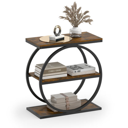 Industrial Faux Marble Side Table, Metal Frame, Rustic Brown