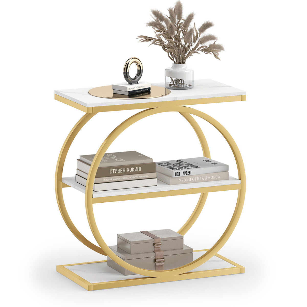 Faux Marble Side Table, Metal Frame, White