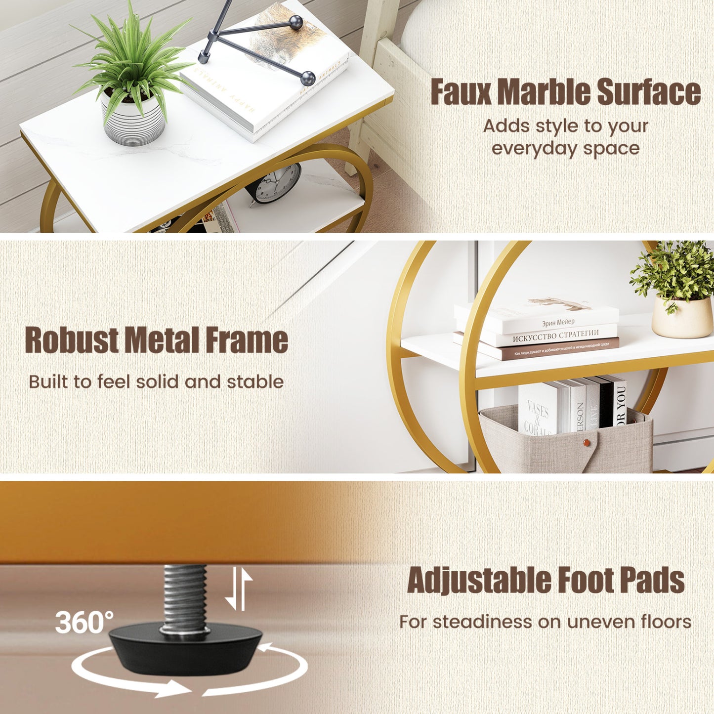 Faux Marble Side Table, Metal Frame, White