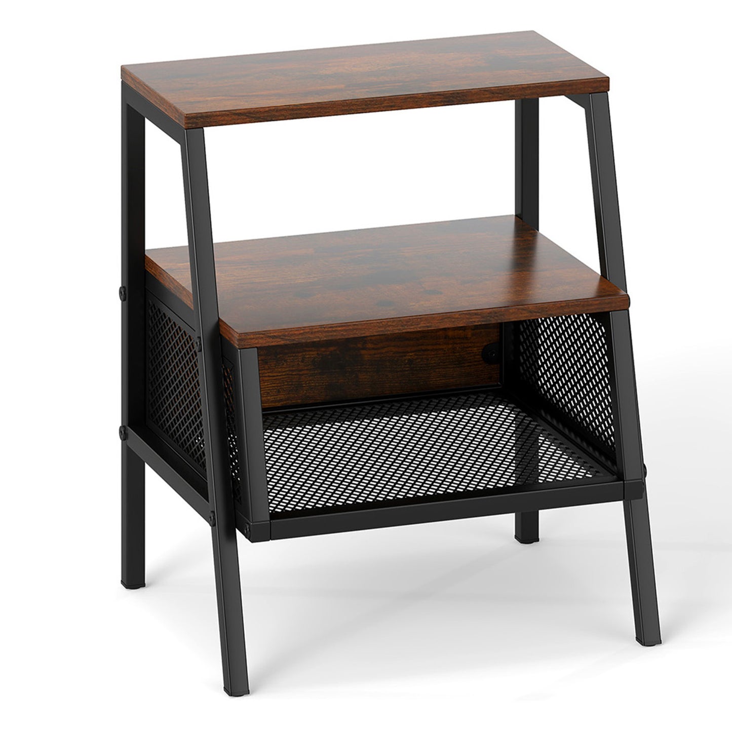 Industrial Nightstand 3-Tier End Table with 2 Open Shelves and Metal Mesh Compartment, Rustic Brown Nightstands at Gallery Canada