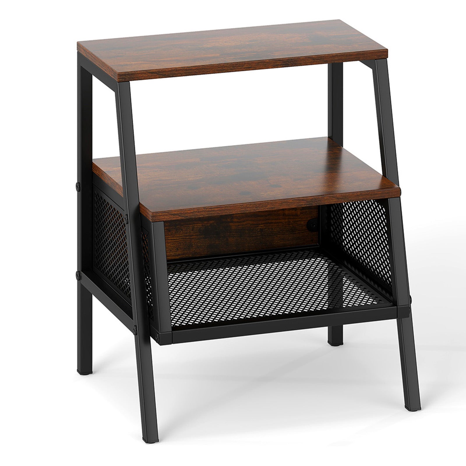 Industrial Nightstand 3-Tier End Table with 2 Open Shelves and Metal Mesh Compartment, Rustic Brown Nightstands at Gallery Canada