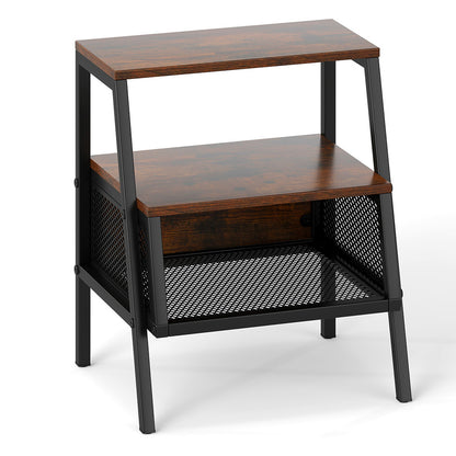 Industrial Nightstand 3-Tier End Table with 2 Open Shelves and Metal Mesh Compartment, Rustic Brown Nightstands at Gallery Canada