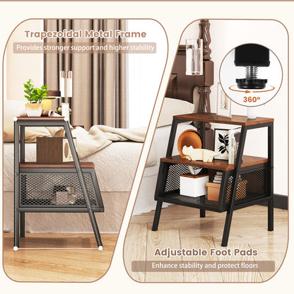 Industrial Nightstand 3-Tier End Table with 2 Open Shelves and Metal Mesh Compartment, Rustic Brown Nightstands at Gallery Canada
