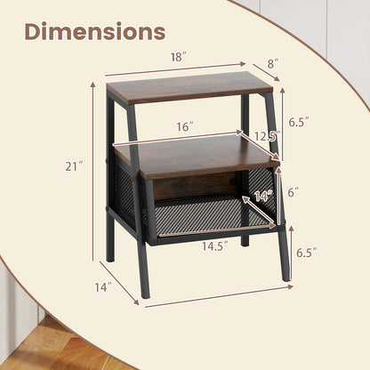 Industrial Nightstand 3-Tier End Table with 2 Open Shelves and Metal Mesh Compartment, Rustic Brown Nightstands at Gallery Canada