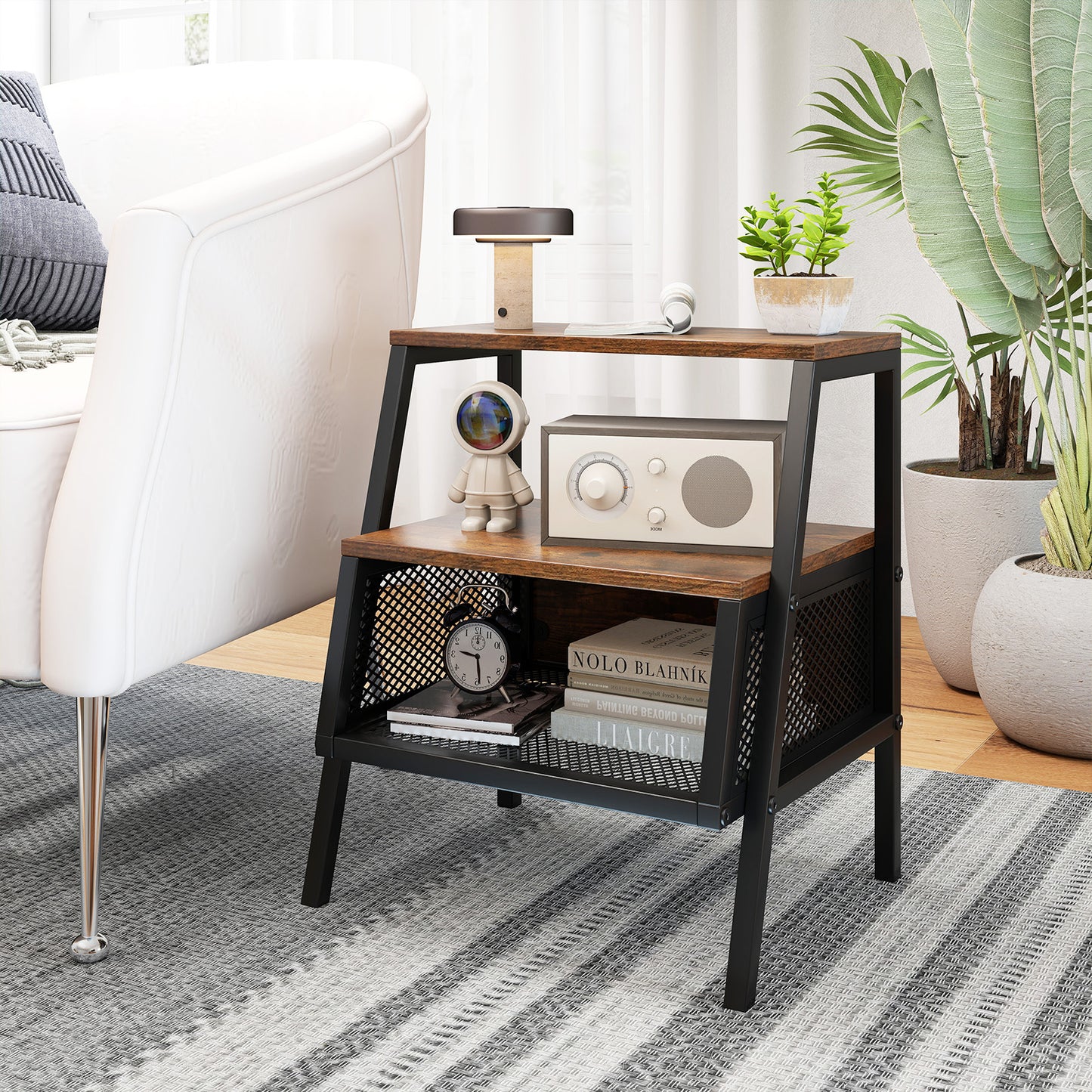 Industrial Nightstand 3-Tier End Table with 2 Open Shelves and Metal Mesh Compartment, Rustic Brown Nightstands at Gallery Canada