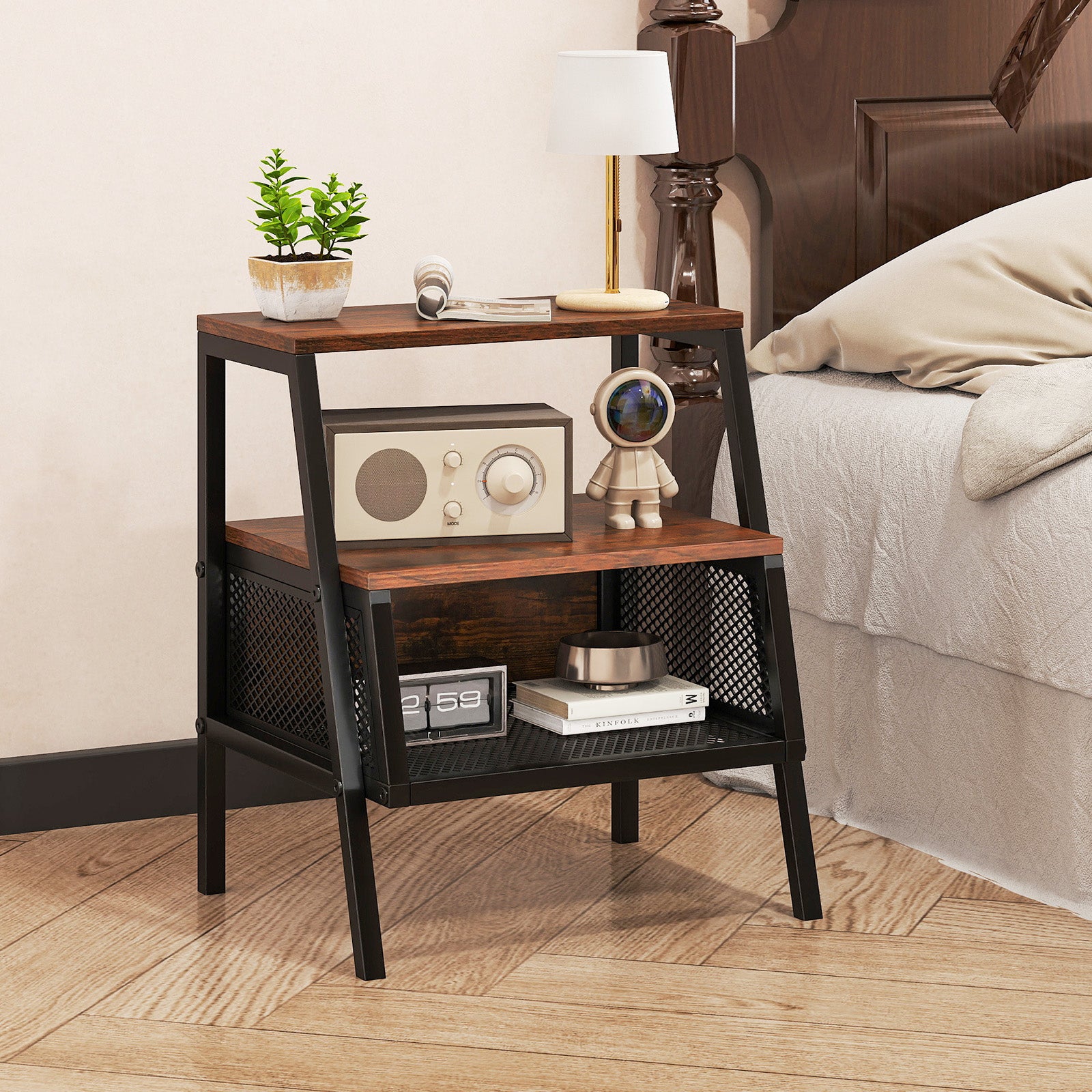 Industrial Nightstand 3-Tier End Table with 2 Open Shelves and Metal Mesh Compartment, Rustic Brown Nightstands at Gallery Canada