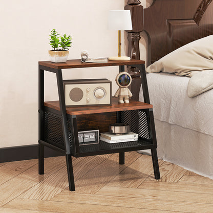 Industrial Nightstand 3-Tier End Table with 2 Open Shelves and Metal Mesh Compartment, Rustic Brown Nightstands at Gallery Canada