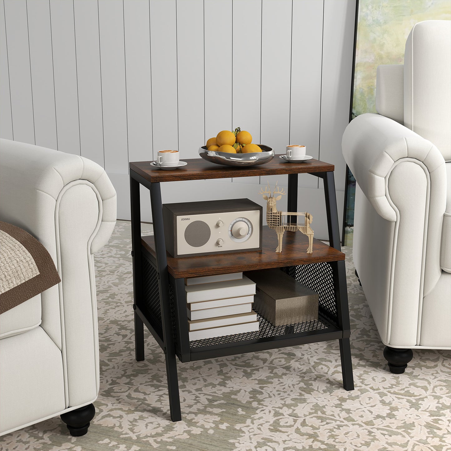 Industrial Nightstand 3-Tier End Table with 2 Open Shelves and Metal Mesh Compartment, Rustic Brown Nightstands at Gallery Canada