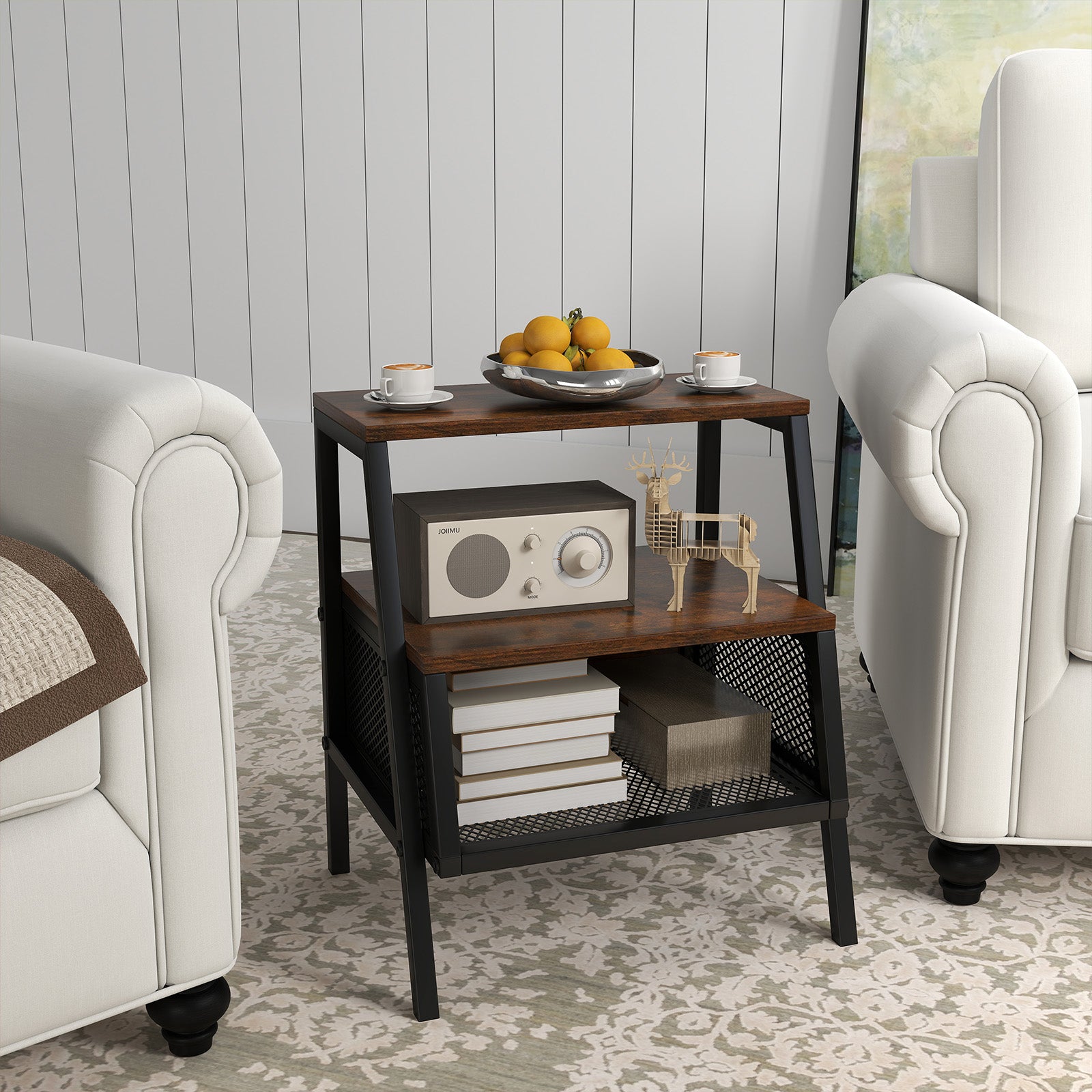 Industrial Nightstand 3-Tier End Table with 2 Open Shelves and Metal Mesh Compartment, Rustic Brown Nightstands at Gallery Canada