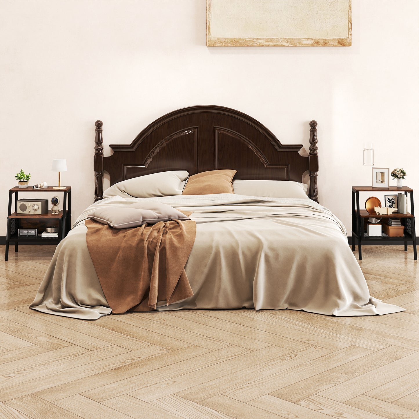 Industrial Nightstand 3-Tier End Table with 2 Open Shelves and Metal Mesh Compartment, Rustic Brown Nightstands at Gallery Canada