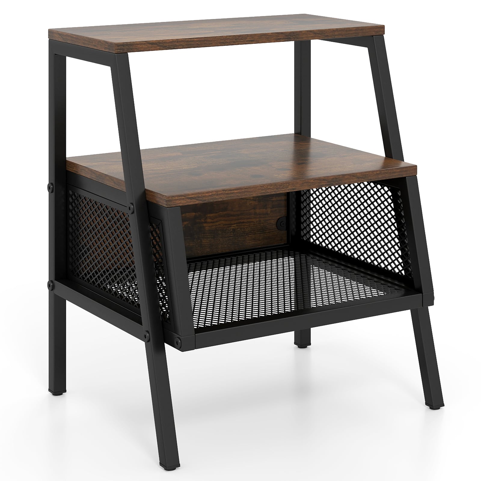 Industrial 3-Tier Nightstand, 2 Open Shelves, Metal Mesh, Rustic, Brown Nightstands at Gallery Canada