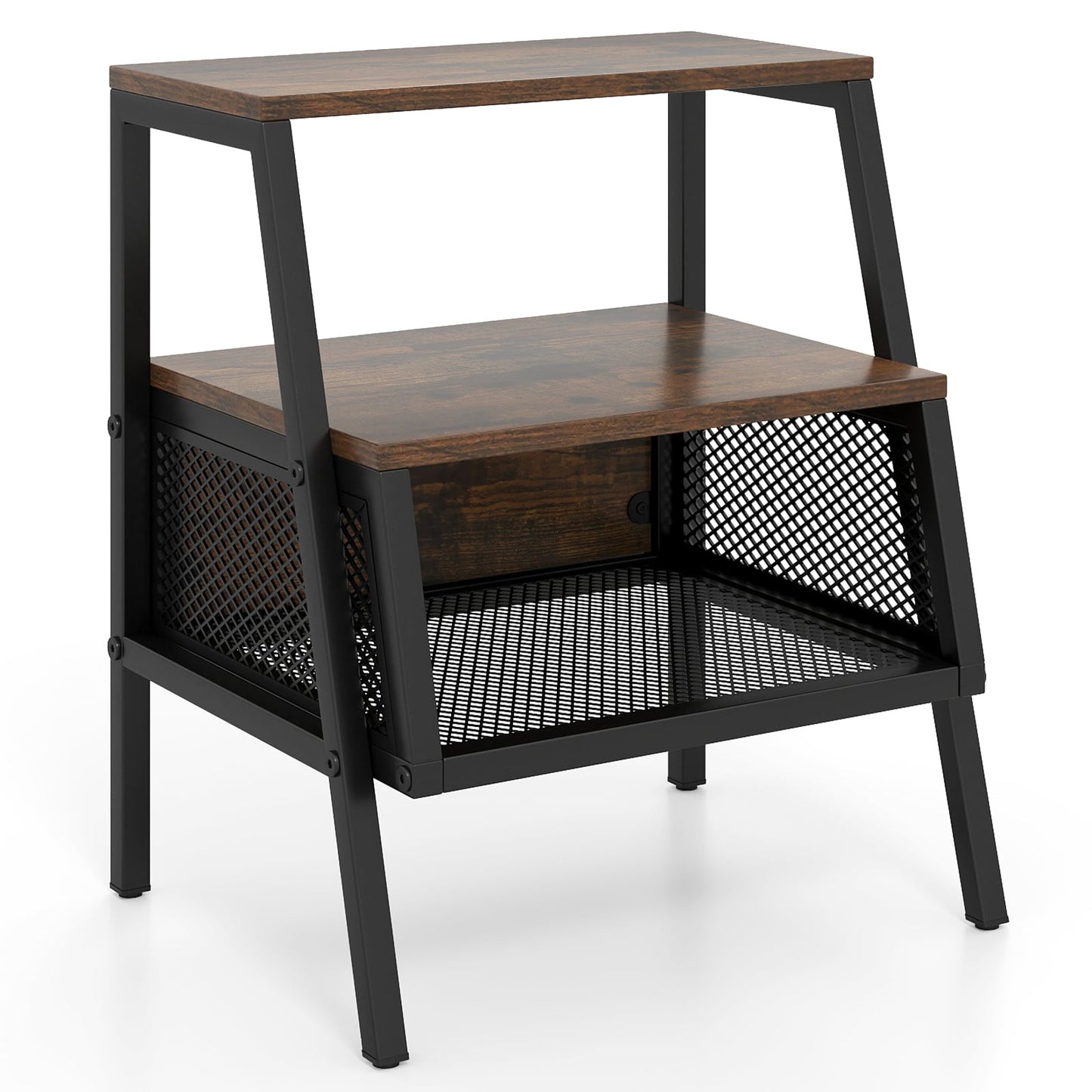 Industrial 3-Tier Nightstand, 2 Open Shelves, Metal Mesh, Rustic, Brown Nightstands at Gallery Canada