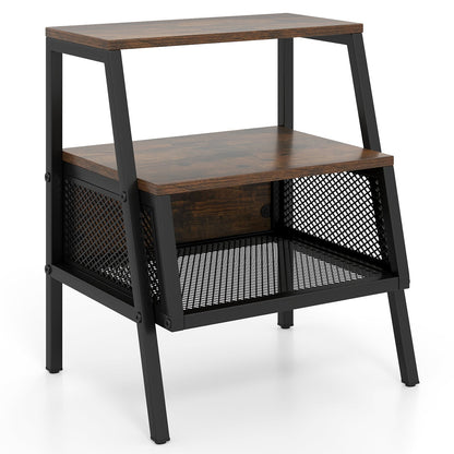 Industrial 3-Tier Nightstand, 2 Open Shelves, Metal Mesh, Rustic, Brown Nightstands at Gallery Canada